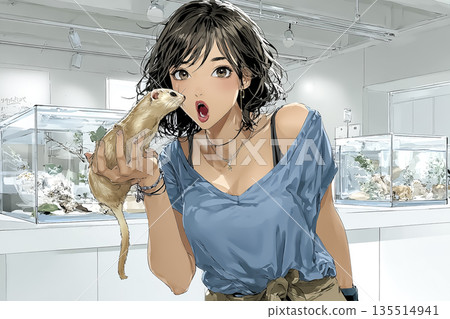 A young woman interacting with a ferret | A relaxing animal cafe illustration 135514941