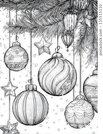 black and white line art drawing featuring multiple richly detailed Christmas ornaments and stars hanging from tree branches with falling snow, perfect for holiday season adult coloring activity. 135515110