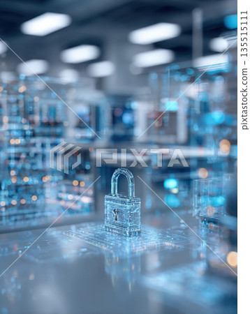 Digital padlock icon on circuit board, symbolizing robust cyber security, data protection, encryption within complex network and cloud environments. Themes of privacy, technology, risk management 135515111