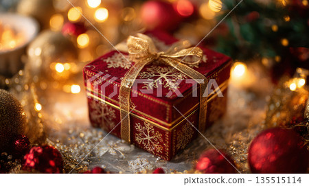Luxurious Christmas Gift Box with Glittering Gold Bow: Festive Holiday Present Wrapped in Gold Snowflake Paper, Surrounded by Blurred Tree Lights and Ornaments for a Warm, Cozy Atmosphere Luxurious Christmas Gift Box with Glittering Gold Bow: Festive Holiday Present Wrapped in Gold Snowflake Paper, Surrounded by Blurred Tree Lights and Ornaments for a Warm, Cozy Atmosphere 135515114