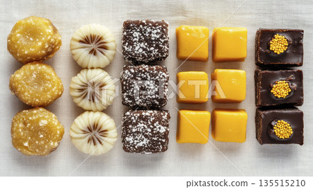Assorted colorful sweets arranged in neat rows on fabric surface 135515210