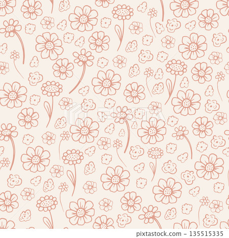 Whimsical minimalist seamless pattern with hand drawn doodle vector illustrations. Vintage cottagecore print for fabric, wallpaper and wrapping paper 135515335