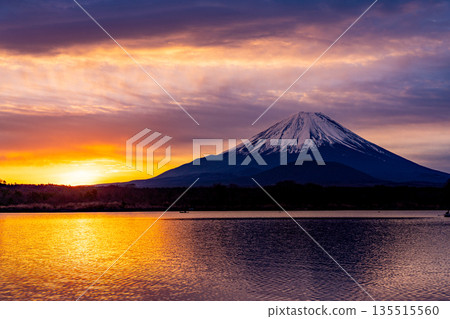 （山梨縣）日本的黎明：金色的天空和富士山 135515560