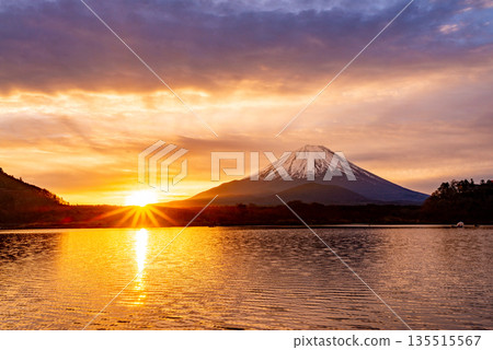 （山梨縣）日本的黎明：金色的天空和富士山 135515567
