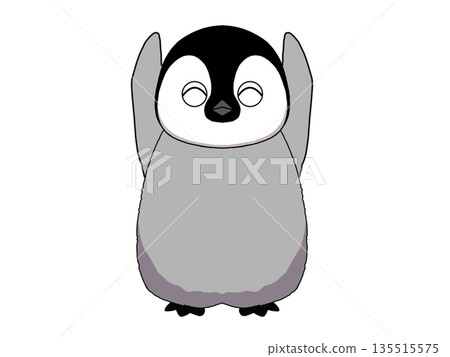 一隻小帝企鵝做出萬歲手勢的插圖 135515575