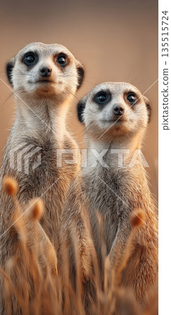 two wild meerkats Suricata suricatta standing upright on watch in warm, blurred golden grass. The pair are alert and facing camera, highlighting their social behavior, teamwork, strong connection 135515724