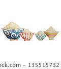 Rice bowls for a family of four, hand-painted watercolor 135515732