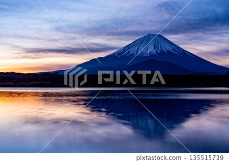 (山梨縣)黎明前精進湖畔的富士山 (山梨縣)黎明前精進湖畔的富士山 135515739