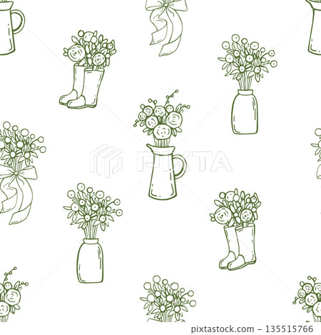 Cottagecore seamless pattern with coquette hand drawn doodles. Gardening elegance design. Vintage cottagecore print for fabric Cottagecore seamless pattern with coquette hand drawn doodles. Gardening elegance design. Vintage cottagecore print for fabric 135515766