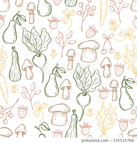 Whimsical trendy cottagecore vegetables seamless pattern. Coquette hand drawn doodles. Gardening print for fabric, wallpaper and wrapping paper Whimsical trendy cottagecore vegetables seamless pattern. Coquette hand drawn doodles. Gardening print for fabric, wallpaper and wrapping paper 135515768