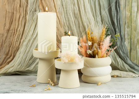 Candles and vase with plants Candles and vase with plants 135515794