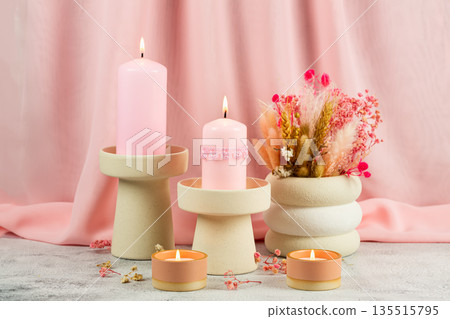 Candles and vase with plants Candles and vase with plants 135515795