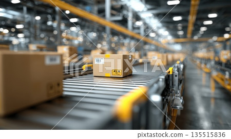 cardboard box traveling on an automated yellow and gray conveyor belt within a vast, modern, high-tech industrial warehouse or fulfillment center, symbolizing logistics, shipping, and supply chain. 135515836