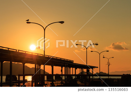 愛媛郡八幡濱港的日落,碼頭和路燈的輪廓在夕陽下若隱若現。 愛媛郡八幡濱港的日落,碼頭和路燈的輪廓在夕陽下若隱若現。 135516083