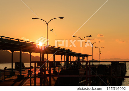 愛媛郡八幡濱港的日落，碼頭和路燈的輪廓在夕陽下若隱若現。 135516092
