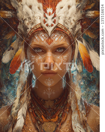Close-up portrait of a powerful woman wearing an intricate feather headdress (chief/shaman inspired) and white geometric face paint. She has braided hair, beaded necklaces, and an intense, direct gaze 135516654