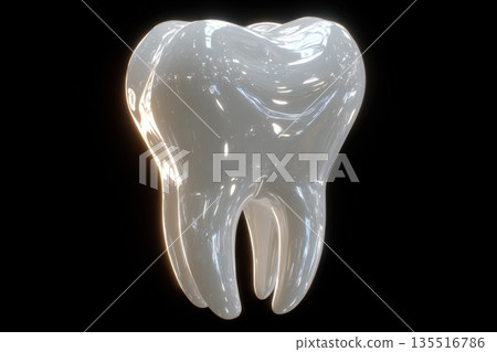 Healthy, Glowing Molar Tooth Model on a Solid Black Background. 3D Render Representing Dental Health, Hygiene, Orthodontics, and Advanced Tooth Care, Enamel Strength, and Professional Dentistry. 135516786