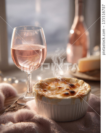 A ramekin of hot, bubbling French onion soup gratinee with melting cheese, steaming next to a glass of ros? wine, set on a knitted pink blanket by a window on a cold, cozy winter day 135516787