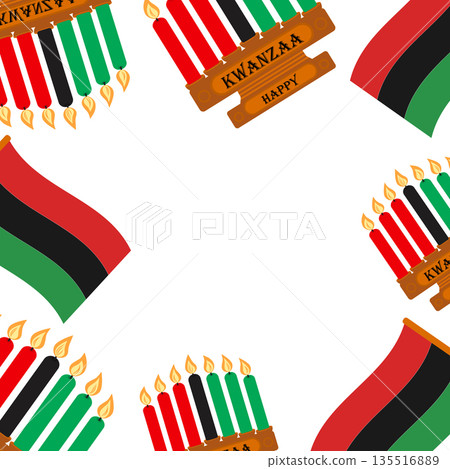 Pan African Flag and Candlestick with Red Black and Green Six burning candles Square Frame Copyspace. Isolated Vector illustration Kwanzaa Holiday Related content Greetings Themed Cards, leaflet, post 135516889