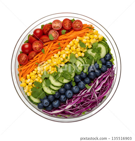 Colorful rainbow salad bowl packed with fresh vegetables, greens, and healthy ingredients, representing clean eating and nutrition 135516903