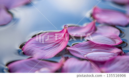 Serene scene of soft pink flower petals floating on calm blue water, representing peace, beauty, springtime, and minimalist nature themes 135516906