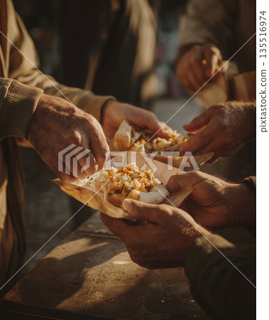 Hands sharing street food at outdoor market 135516974