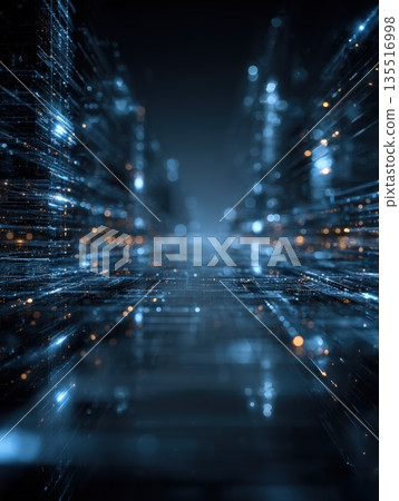 Immersive Digital Cityscape of Glowing Data Streams and Network Connections, Technology Background. Big Data Flow, Metaverse Architecture, and Global Telecommunication Infrastructure, Age of AI and 5G 135516998