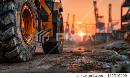Close-up of massive, dirty orange-rimmed tires of a construction vehicle (front-loader/excavator) on a muddy site at sunset/sunrise, with blurred port cranes and industrial structures in background. Close-up of massive, dirty orange-rimmed tires of a construction vehicle (front-loader/excavator) on a muddy site at sunset/sunrise, with blurred port cranes and industrial structures in background. 135516999