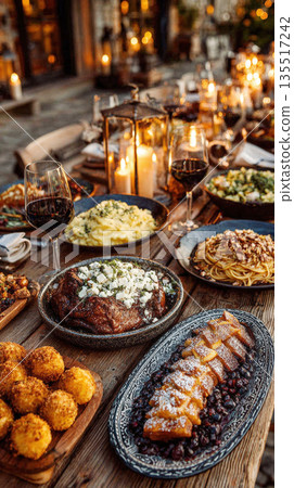 rich European dishes, including roast meat, pasta, and desserts, surrounded by wine glasses and glowing candles in lanterns, creating a warm and inviting atmosphere. 135517242