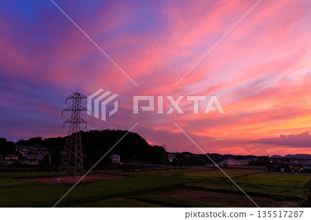 A fantastic pink and purple sunset sky over a power transmission tower and rural landscape A fantastic pink and purple sunset sky over a power transmission tower and rural landscape 135517287