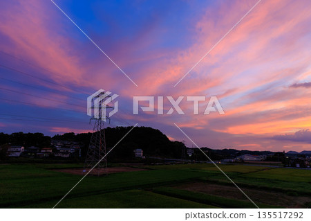 夕陽西下,粉紫色的天空映照著一座輸電塔和鄉村景色,美不勝收。 夕陽西下,粉紫色的天空映照著一座輸電塔和鄉村景色,美不勝收。 135517292