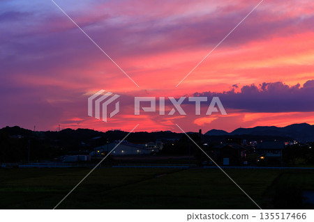 A beautiful, fantastical sunset with pink and purple colors spreading across the countryside and townscape 135517466