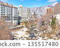 Kinugawa Onsen and Kinugawa River covered in snow in Nikko, Tochigi Prefecture 135517480