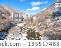 Kinugawa Onsen and Kinugawa River covered in snow in Nikko, Tochigi Prefecture 135517483