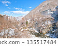 Kinugawa Onsen and Kinugawa River covered in snow in Nikko, Tochigi Prefecture 135517484