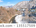 Kinugawa Onsen and Kinugawa River covered in snow in Nikko, Tochigi Prefecture 135517509