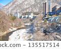 Kinugawa Onsen and Kinugawa River covered in snow in Nikko, Tochigi Prefecture 135517514