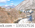 Kinugawa Onsen and Kinugawa River covered in snow in Nikko, Tochigi Prefecture 135517516