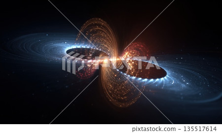 celestial object like a black hole or neutron star. It shows a swirling accretion disk and powerful jets of energy and particles shooting out along the magnetic poles in blue and orange light. 135517614