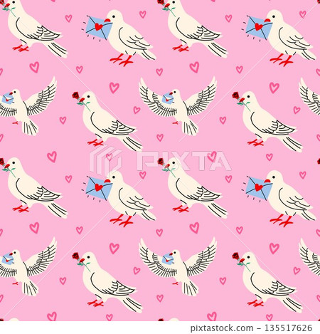 Valentine Dove Seamless Pattern with Hearts Valentine Dove Seamless Pattern with Hearts 135517626