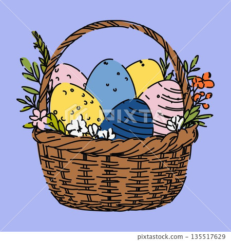 Easter Basket with Painted Eggs Illustration Easter Basket with Painted Eggs Illustration 135517629