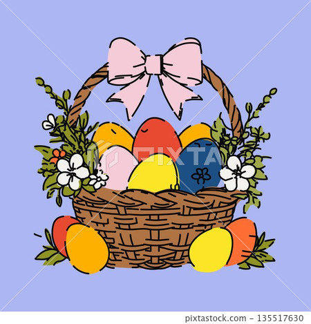 Hand Drawn Easter Egg Basket with Pink Ribbon Hand Drawn Easter Egg Basket with Pink Ribbon 135517630