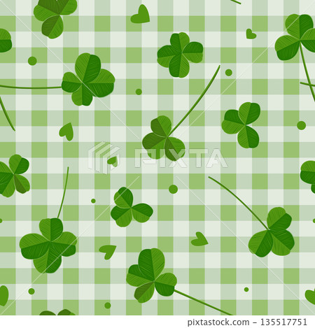 Clover leaves on green checkered background seamless pattern. Lucky shamrock symbol or Saint Patrick Day backdrop. Vector illustration. 135517751