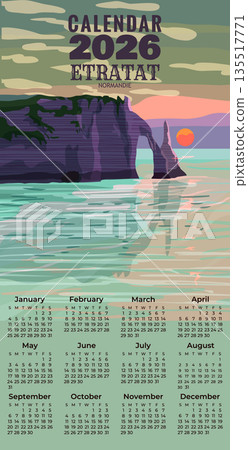 Monthly 2026 Calendar Vintage Travel poster Etretat France, sunset seascape rock cliff Monthly 2026 Calendar Vintage Travel poster Etretat France, sunset seascape rock cliff 135517771