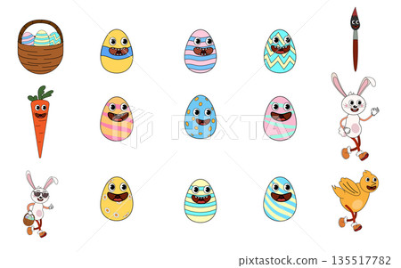 Set of groovy Easter egg bunny, basket cartoon vintage 135517782