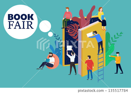 Book Fair or Festival concept, small people reading open huge book Book Fair or Festival concept, small people reading open huge book 135517784
