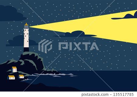 Lighthouse tower on seashore ocean with ray of light 135517785