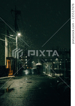 A figure holding an umbrella in the middle of a snowy night A figure holding an umbrella in the middle of a snowy night 135517976