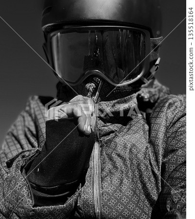 Woman Taking Selfie Wearing Ski Helmet Goggles 135518164