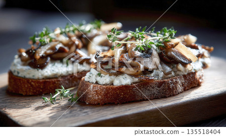 mushroom bruschettas on sourdough bread, spread with herbed ricotta cheese and topped with caramelized mushrooms and fresh thyme. Delicious, rustic, and healthy appetizer or snack. 135518404